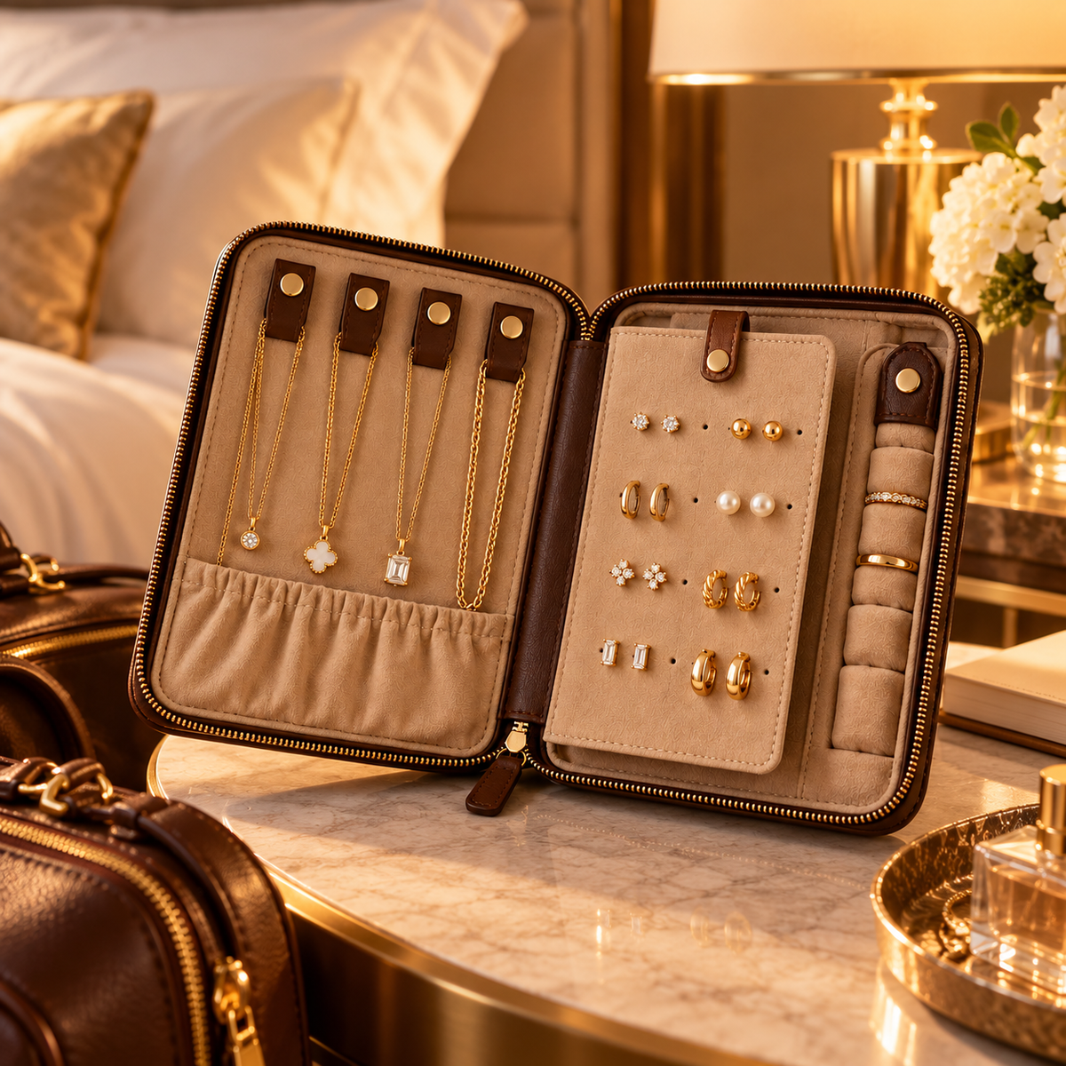 sdpfkr™ Espresso Fold-Open Jewelry Organizer