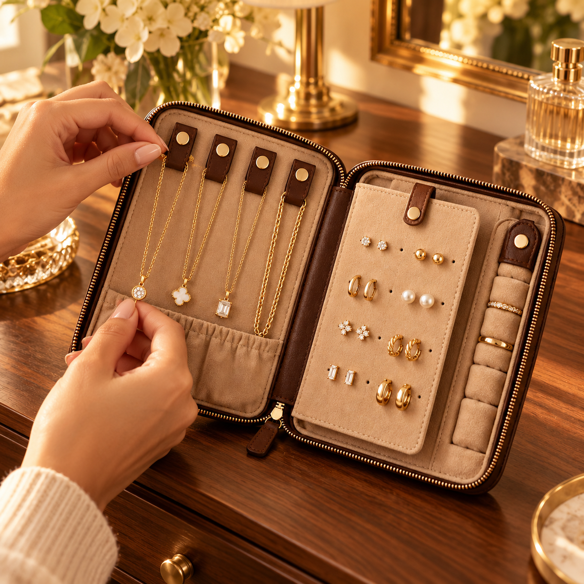 sdpfkr™ Espresso Fold-Open Jewelry Organizer